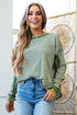 Ribbed Thermal Stripe Drop Shoulder Exposed Seam Patchwork Long Sleeve Top